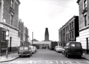 Rillington Place with the iron works at the end of the street.